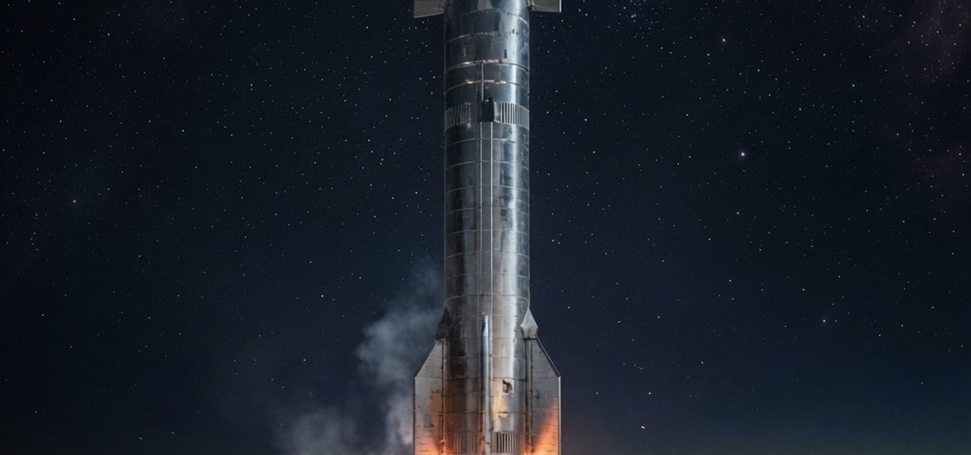 Night city skyline with a rocket launch trail - Beam42 desk for Tesla, SpaceX, and Elon company news